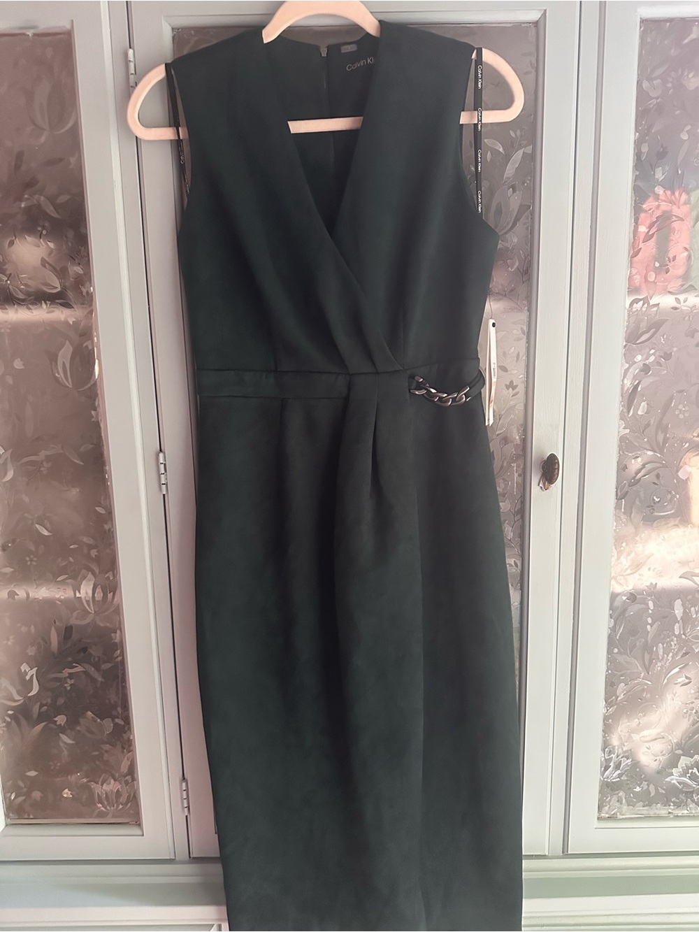Calvin Klein Dark Green Sleeveless Wrap Sheath Dress with Chain Detail